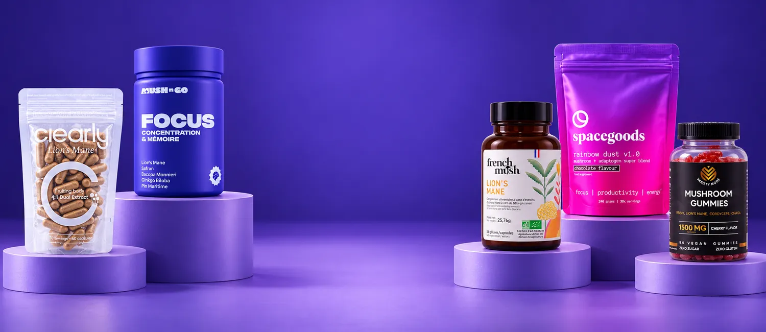 Pięć suplementów z soplówką jeżowatą z rankingu 2026: Focus, Lion's Mane od Clearly, Lion's Mane Bio od French Mush, Rainbow Dust i Mushroom Gummies